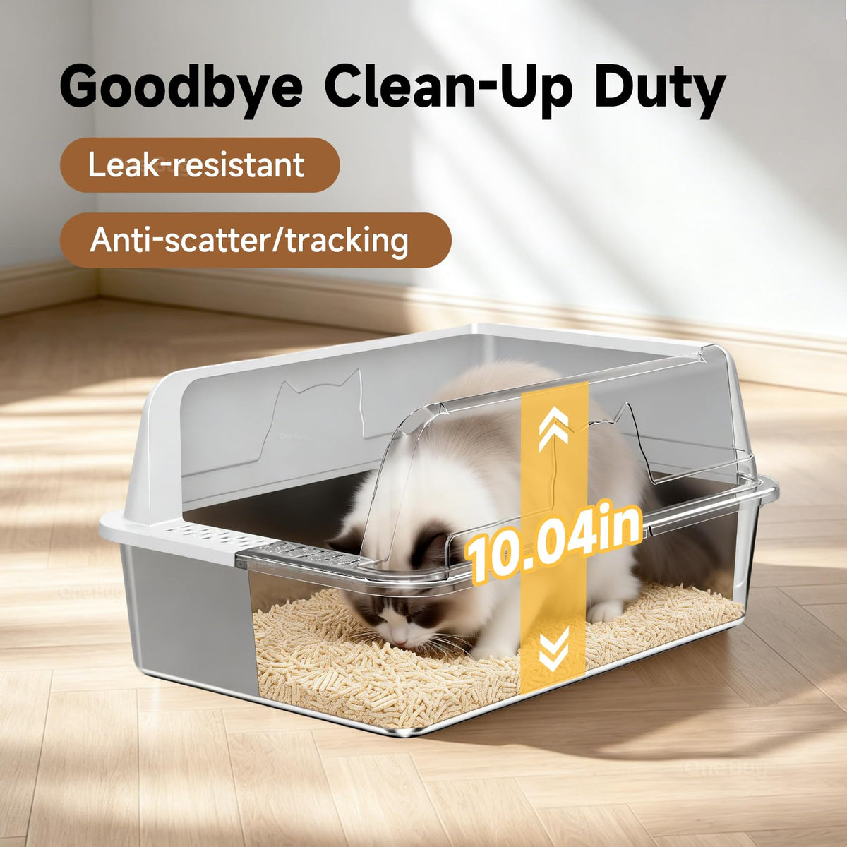 OneBug High-Sided Stainless Steel XL Cat Litter Box for Cats