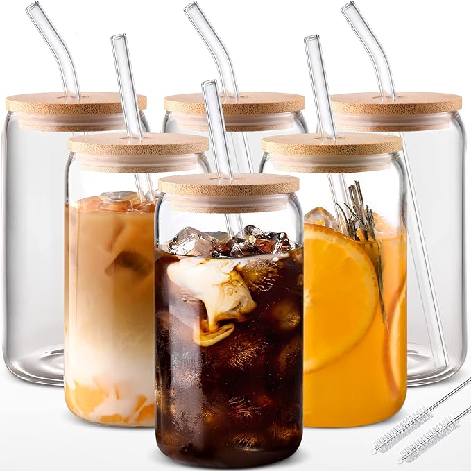 Glass Cups with Lids and Straws 6 pcs, 16 oz-DWTS Cute Tumbler,Beer Drinking Glasses,Clear for Iced Coffee, Tea with Bamboo Lids for Gifts