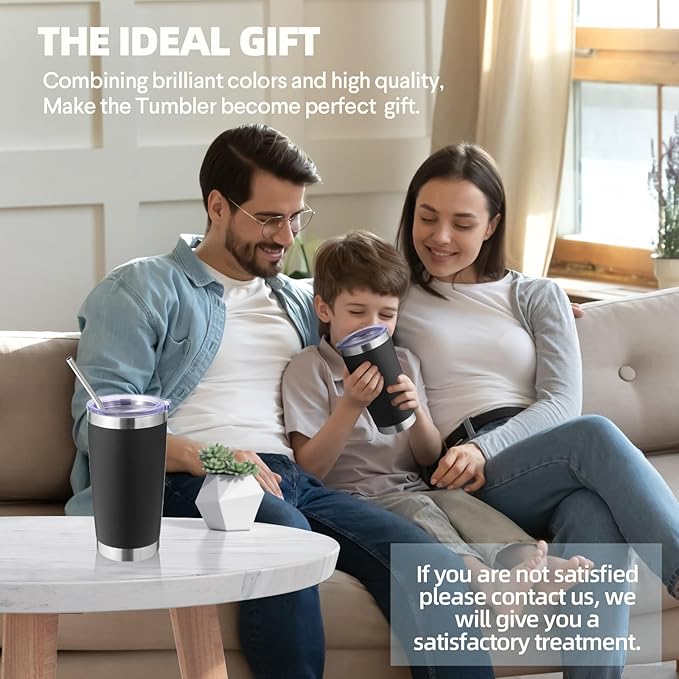 Volhoply 20oz Stainless Steel Tumbler with Lid and Straw,Double Wall Insulated Travel Iced Coffee Mug Fits Car Cup holder,Powder Coated Cups for Hot and Cold Drinks,Gifts for Women Men（Black,1 Set）