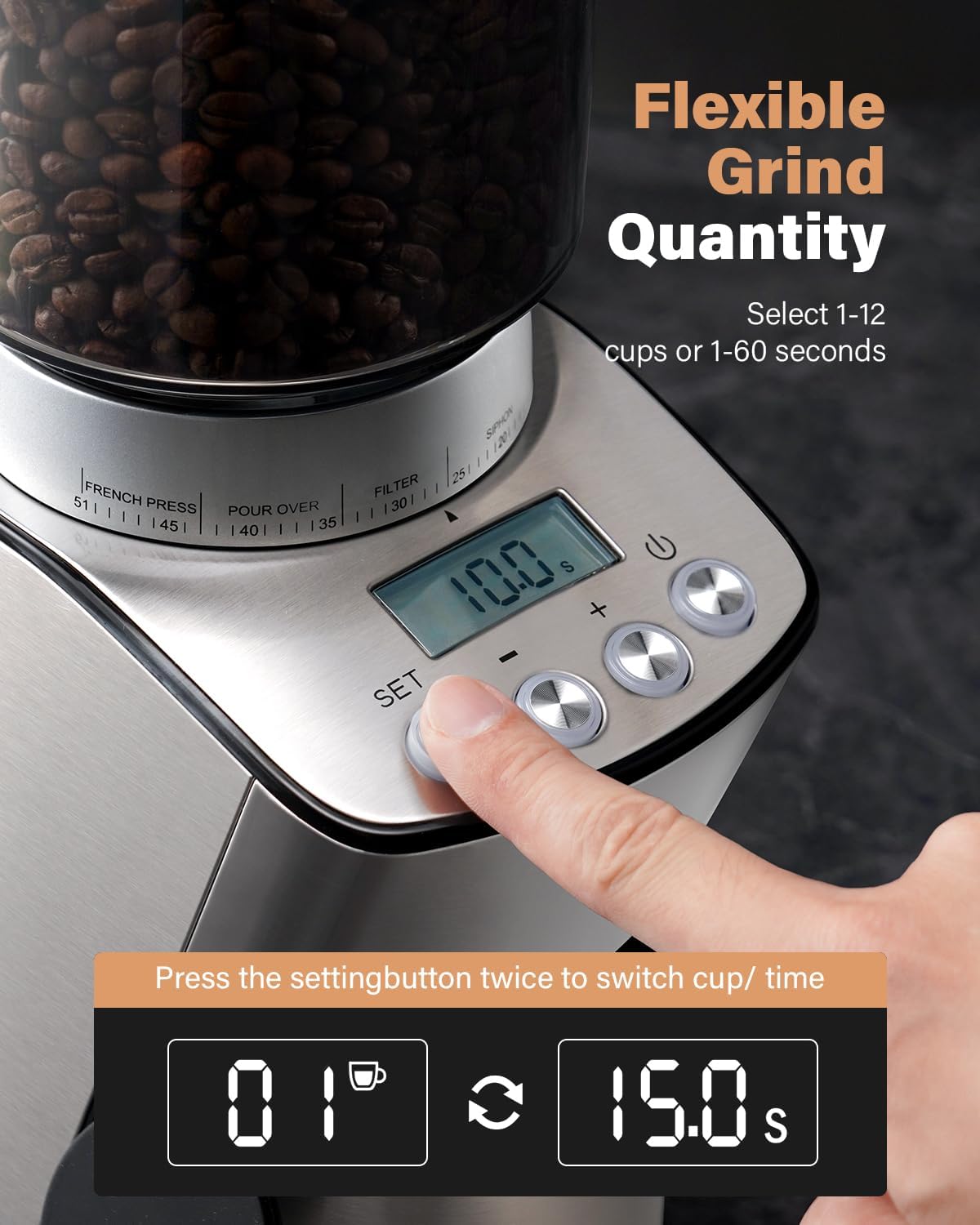 SHARDOR Conical Burr Coffee Grinder Electric, Espresso Coffee Bean Grinder with Precision Electronic Timer, Adjustable Burr Mill with 51 Precise Settings for Home Use, Stainless Steel Container