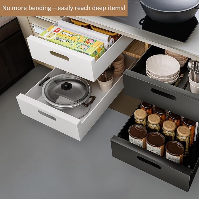 HBL' 2 Pack | 21" Deep Pull Out Cabinet Organizer Adhesive, 10-Inch Wide Sturdy Carbon Steel Roll-Out Drawers for Face Frame or Frameless Cabinets,Slide-Out Shelves for Pantry.