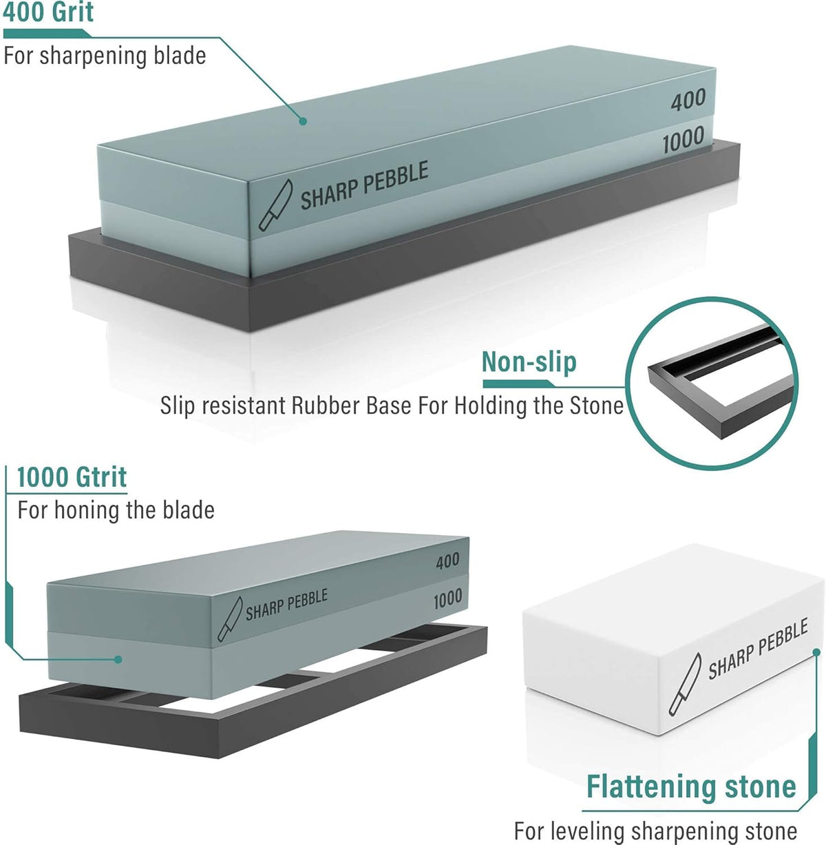 Sharp Pebble Knife Sharpening Stones Kit with 400/1000 and 1000/6000 Grit with Flattening Stone & Angle Guide