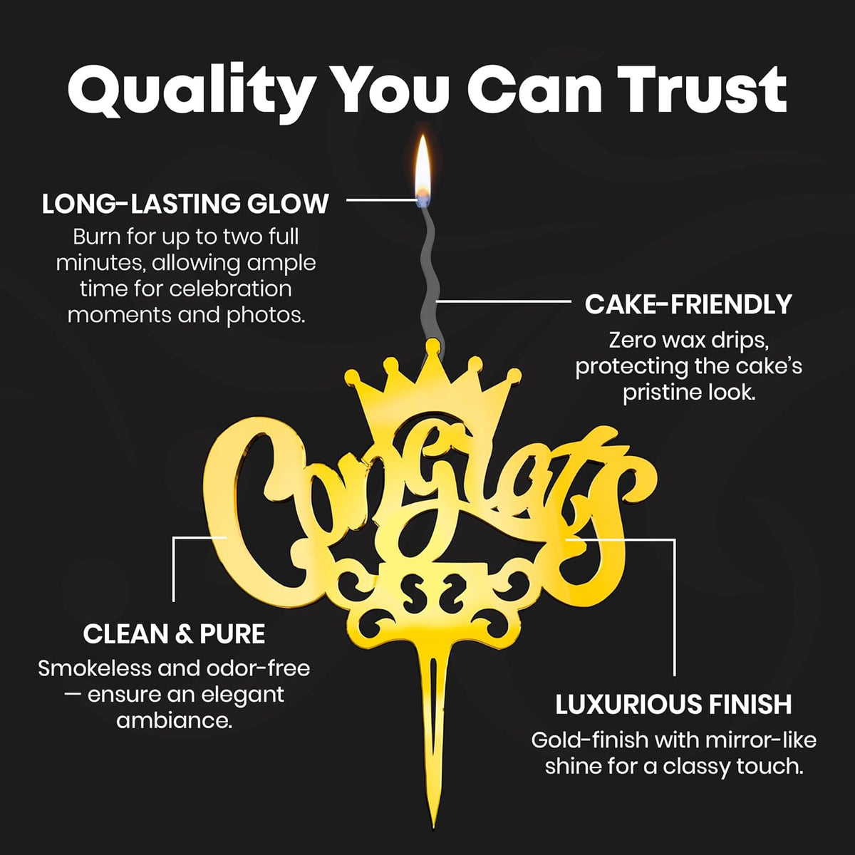 Congrats Reusable Gold Cake Candle - Luxury Cake Topper Candle for Birthdays, Weddings & Anniversaries - Reusable Food Safe Acrylic, Shiny Mirror Finish - Happy Birthday Cake Topper Decor