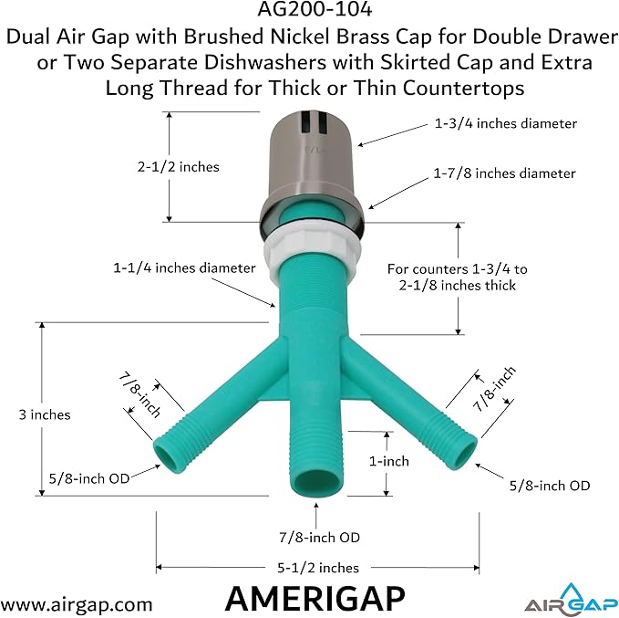Dual Air Gap with Brushed Nickel Brass Cap for Double Drawer or Two Separate Dishwashers with Skirted Cap and Extra Long Thread for Thick or Thin Countertops (AG200-104, AG200-X04, AMERIGAP)