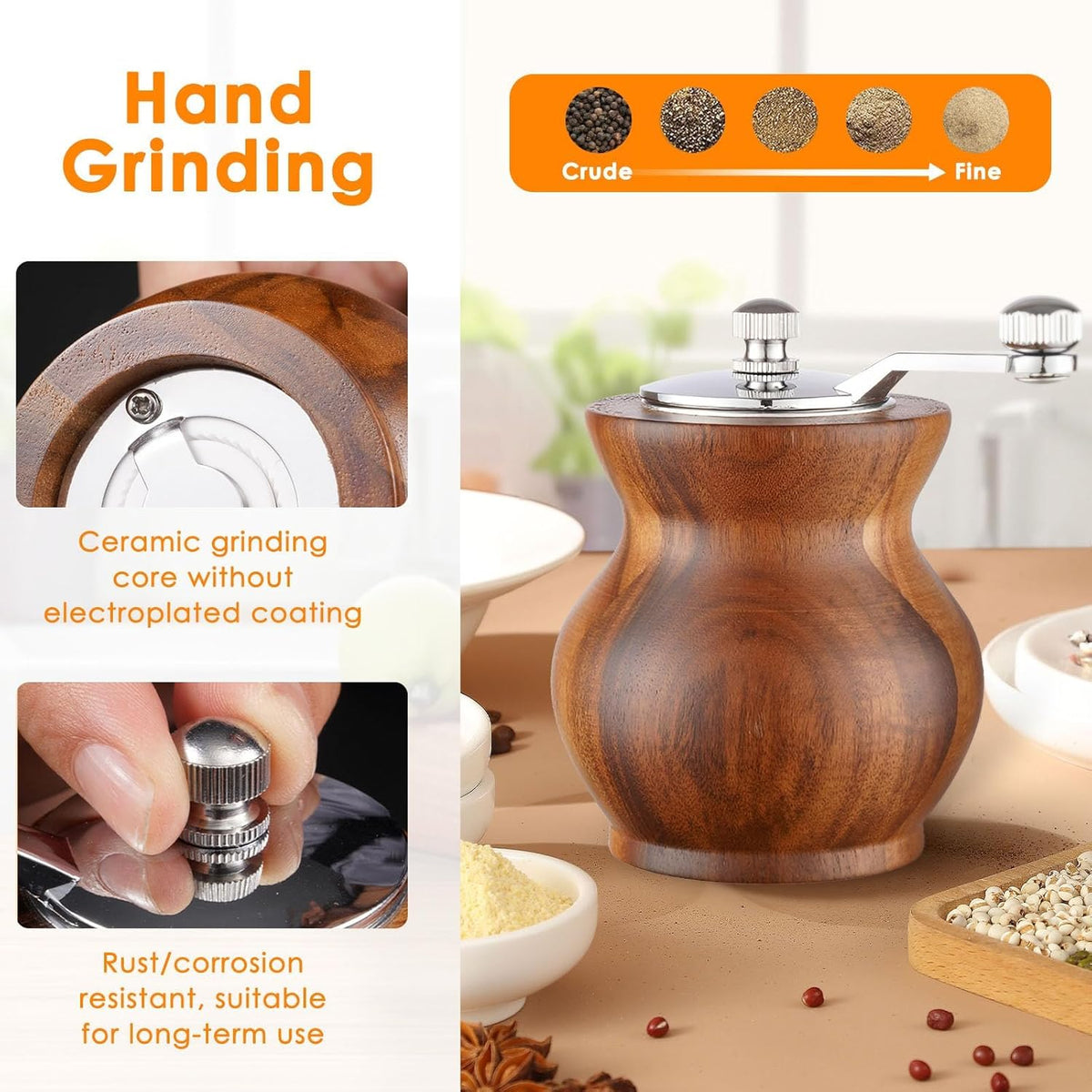 Pepper Grinder, Classical Hand Shake Wood Pepper Mills for Kitchen, Manual Wooden& Acrylic Pepper Grinder Hand Crank Salt Mill with Adjustable Coarseness, Great for Pepper, Sea Salt, Sesame