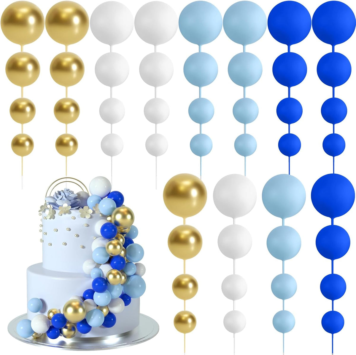 48 Pcs Balls Cake Topper Decorations Balloon Cupcake Toppers Foam Cake Topper Balls Cake Balls Decorations for Birthday Party Wedding Cake Decorating (Royal Blue, Light Blue, White, Gold)