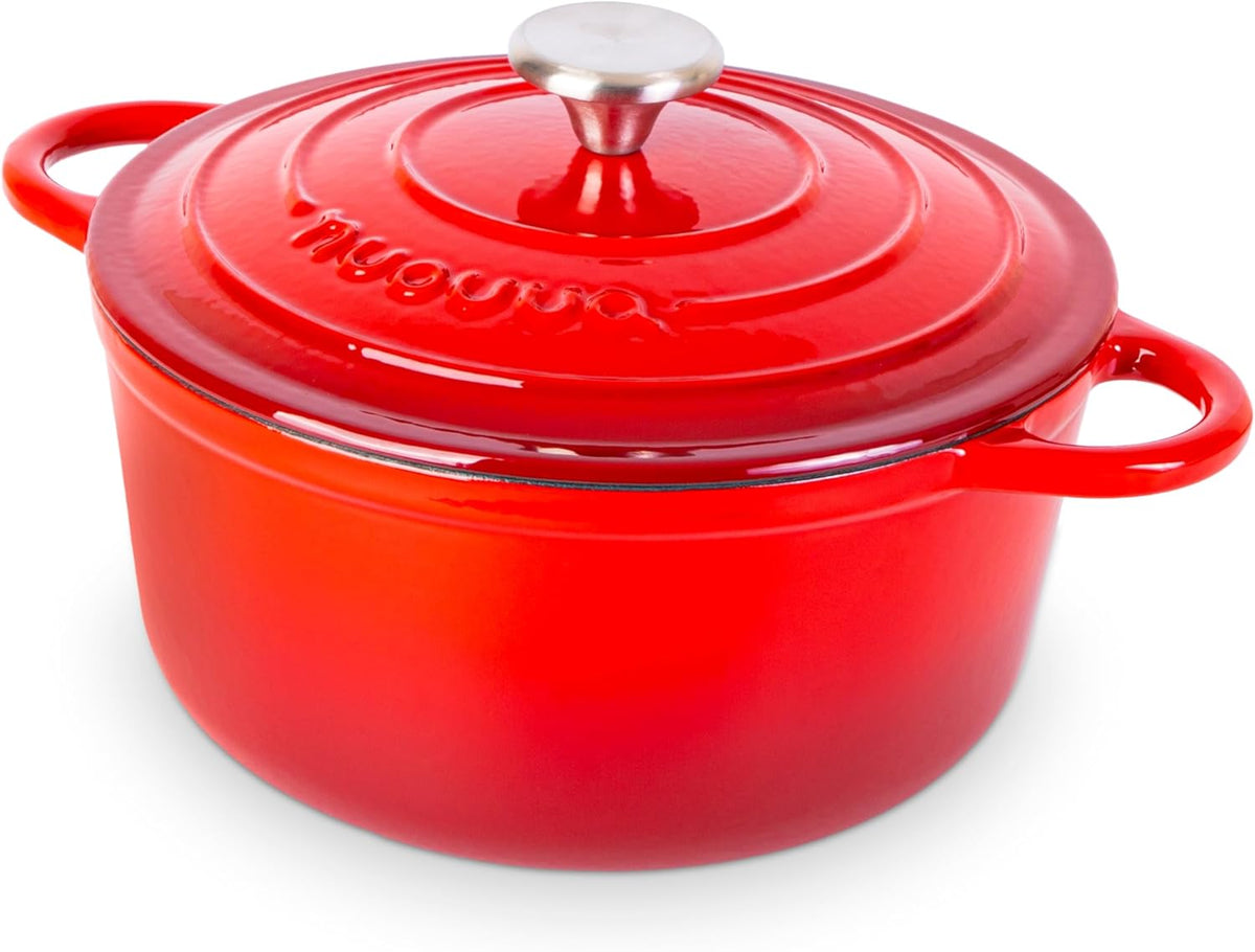 Cast Iron Pot with Lid – Non-Stick Ovenproof Enamelled Casserole Pot, Oven Safe up to 500° F – Sturdy Dutch Oven Cookware – Red, 5-Quart, 24cm – by Nuovva