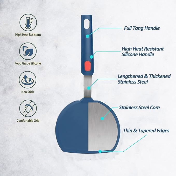 Silicone Spatula, Heat Resistant Kitchen Utensils for Non-Stick Cookware, Wide Slotted Pancake Spatulas Turner with Seamless Thin Edges for Egg, Omelette, Fish Slice (Half-Round Spatula)