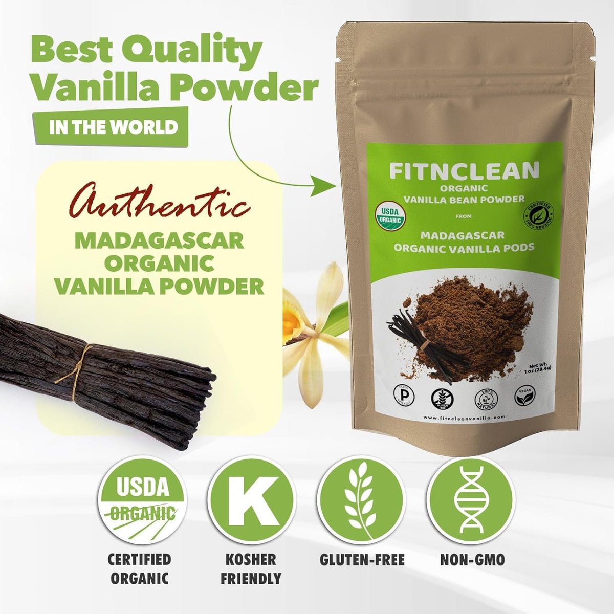 2oz Organic Madagascar Vanilla Bean Powder. Certified USDA Organic. Raw Natural Pure Unsweetened No Additives NON-GMO. Ground whole Gourmet Pods by FITNCLEAN VANILLA