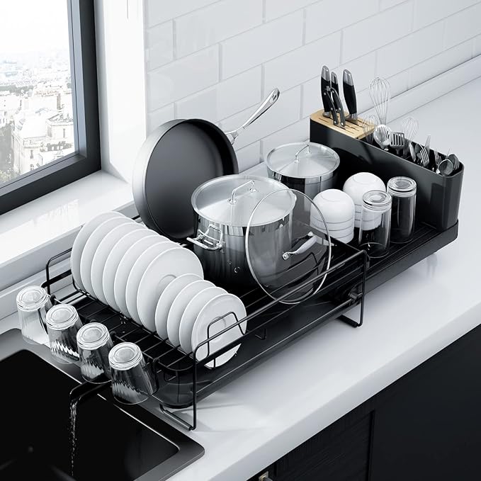 Kitsure Large Dish Drying Rack - Extendable Dish Rack, Multifunctional Dish Rack for Kitchen Counter, Anti-Rust Dish Drainers with Cutlery & Cup Holders 19.2"-26.7" L x 12.9" W, Black