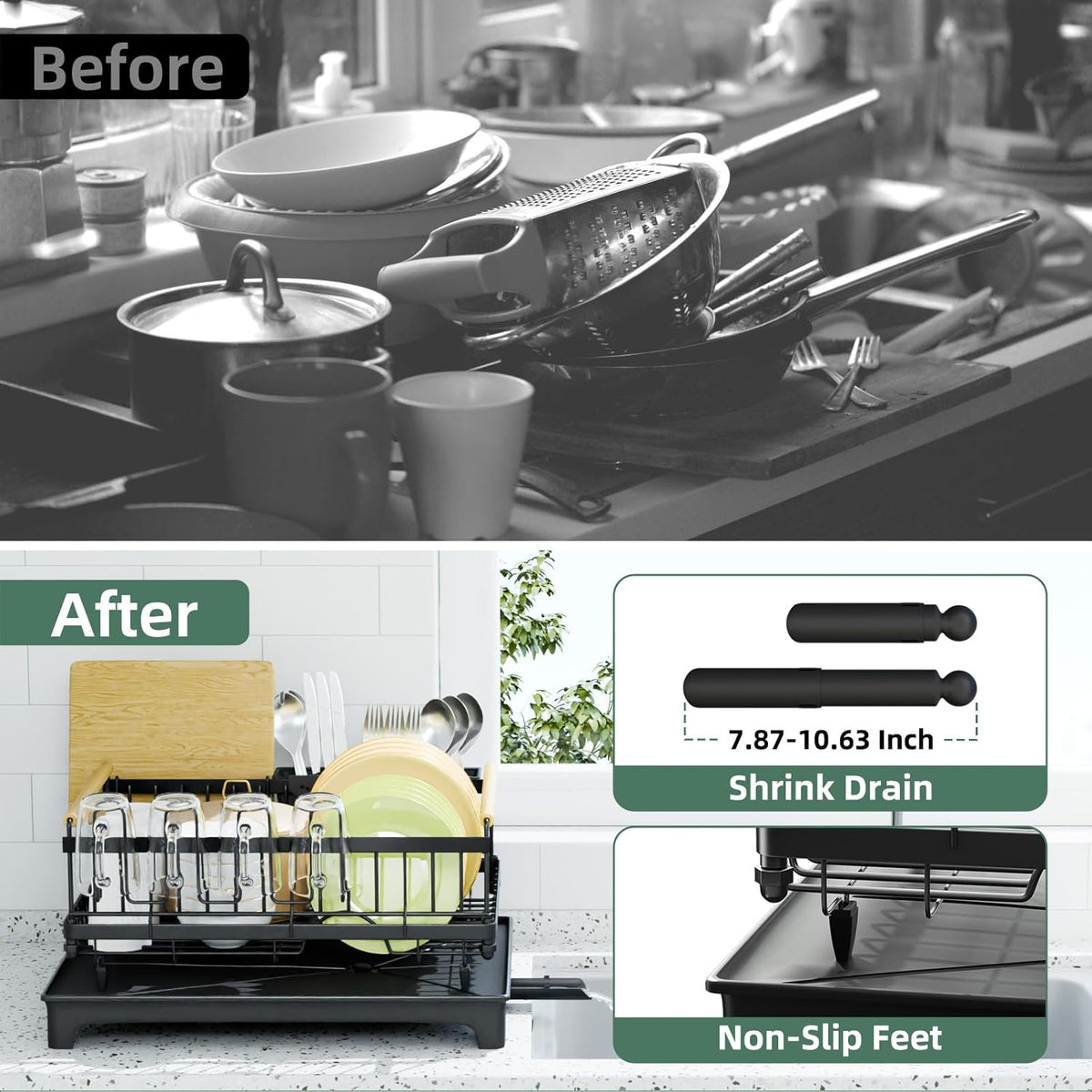 Dish Drying Rack, Drying Rack with Automatic Drainboard, Dish Racks for Kitchen Counter, Rustproof Dish Drainer with Removable Utensil Holder, Cups Holder,Black