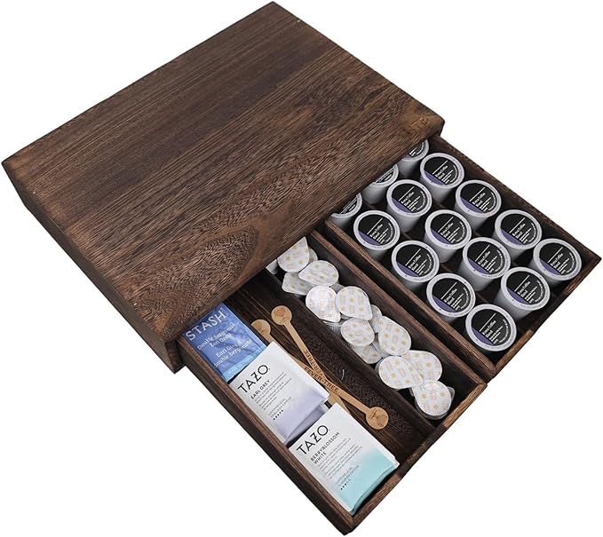 HTB K Cup Holder Compatible with K Cups,Coffee Pod Holder Holds Up 30 Cups,K Cup Organizer Storage Drawer (Wood-b)