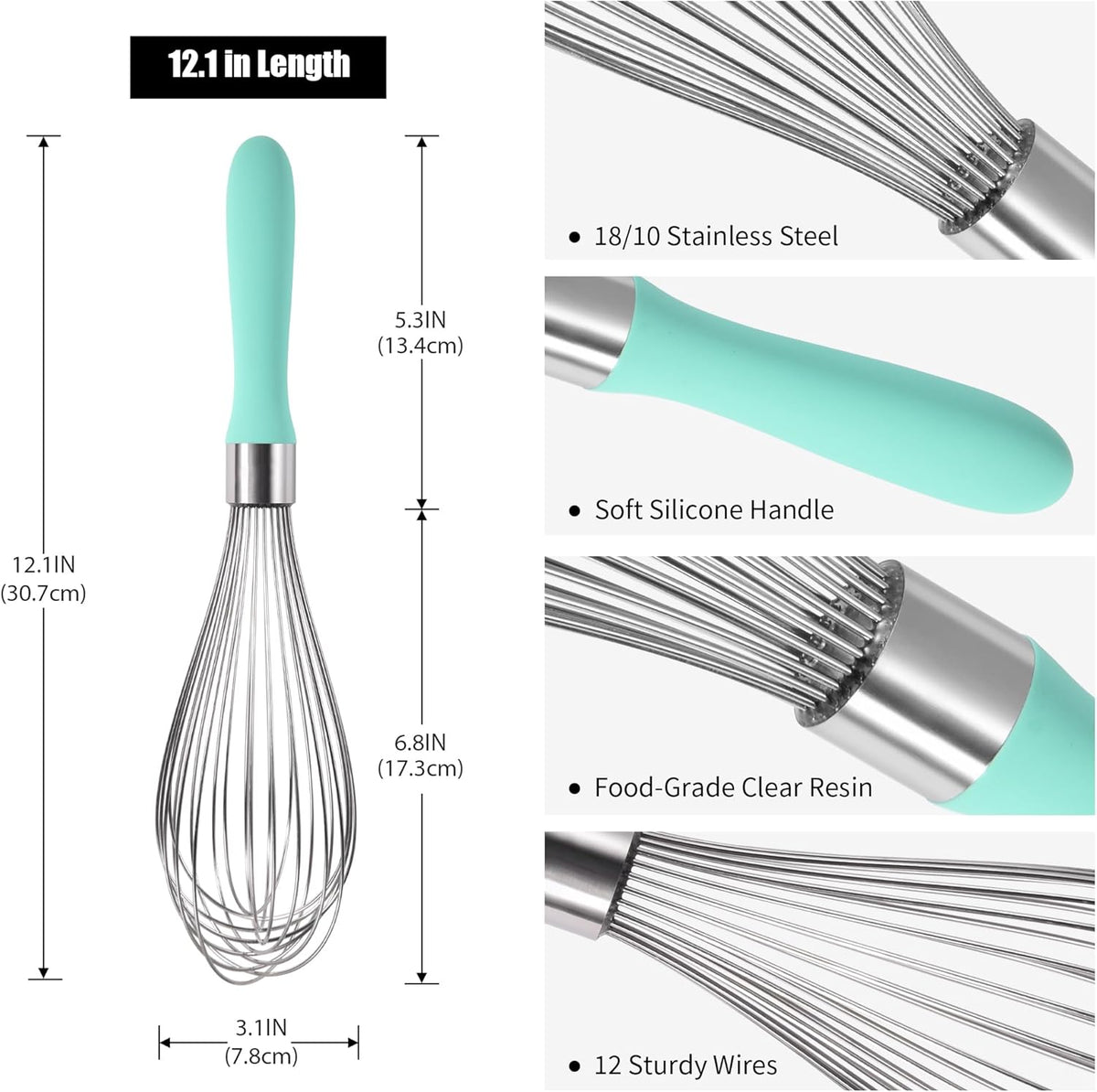 18/8 Stainless Steel Balloon Whisk, Doosu Kitchen Whisk for Cooking Handheld Egg Beater with Rust-Proof Sturdy Wires & Non-Slip Silicone Handle for Beating, Stirring, Blending (12 Wires, Aqua Sky)