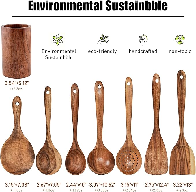 FJNATINH 7-Piece Nonstick Wooden Cooking Utensils Set, Natural and Healthy Kitchen Utensils（7 Pcs）