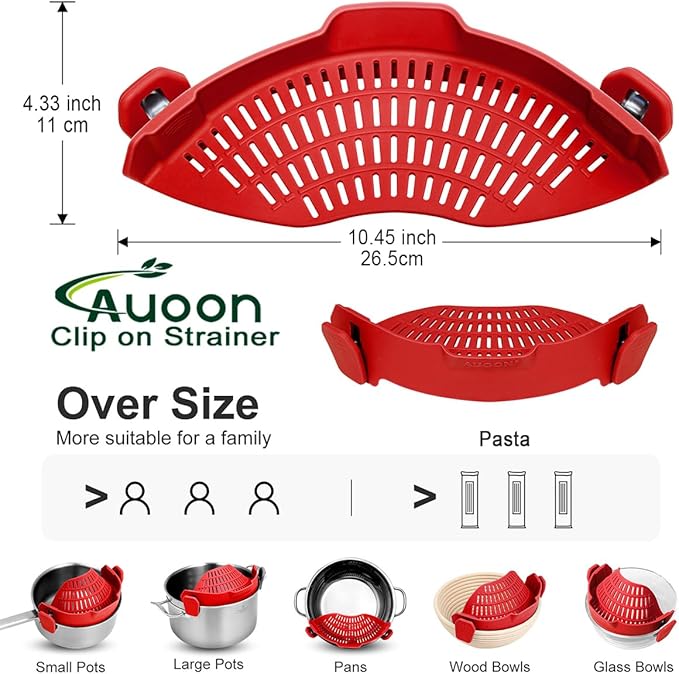 Large AUOON Clip on Strainer for All Pots and Pans - Oversized Silicone Pot Strainer Family-Style Design Pasta Strainer Kitchen Colander for Spaghetti and Noodles | Dishwasher Safe
