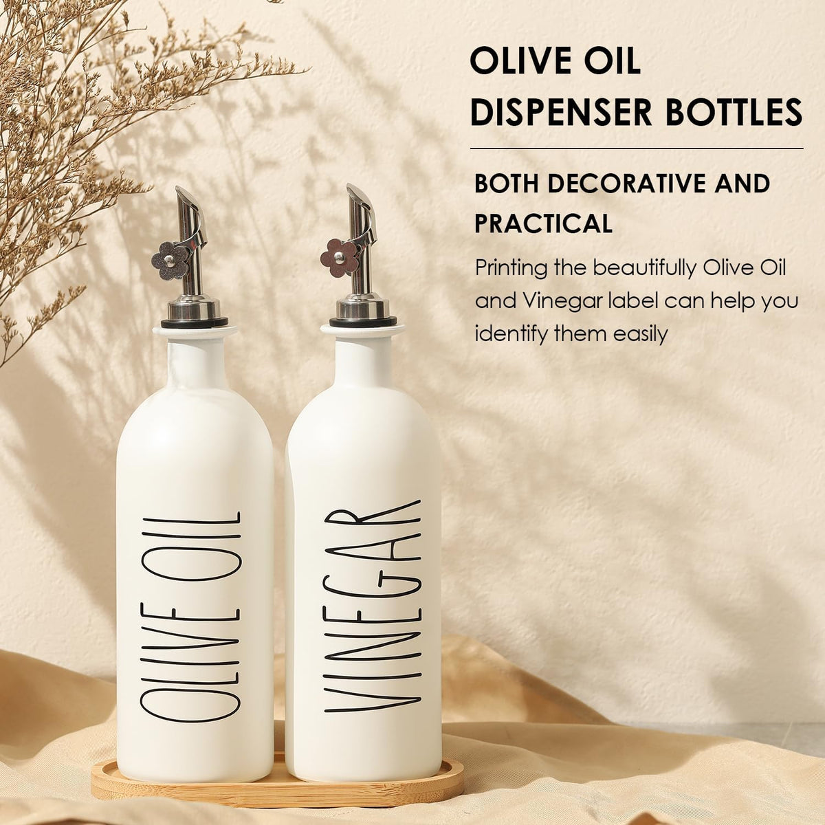 HOMCDALY 16oz Olive Oil Dispenser Bottles for Kitchen, White Oil and Vinegar Dispenser Set, Two Olive Oil Bottles with Bamboo Tray | Set of 2 (16oz-P-White)
