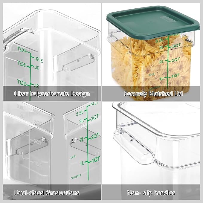 4 Pack Food Storage Containers with Green Lids, 2.0 Qt - Square, Clear, Polycarbonate