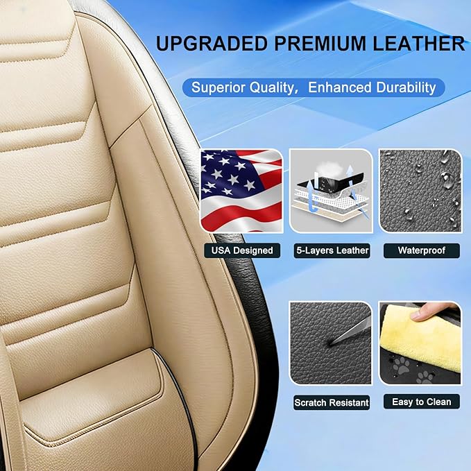 Fit Insight Car Seat Covers for Honda Insight 2010-2022 Premium Leather, Airbag Compatible, Scratch-Resistant, Waterproof All Weather Seat Protector, Airbag Compatible, Full Set, Black+Beige
