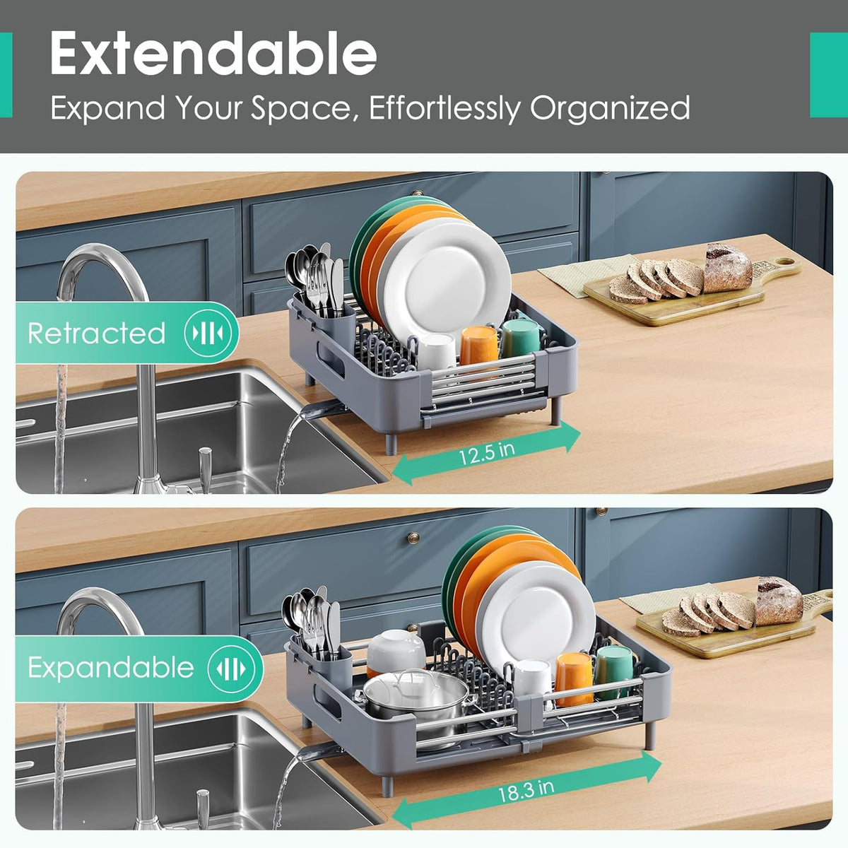 Dish Drying Rack for Kitchen Counter, Extendable Dish Rack with Drainboard, Expandable Dish Drainer, Collapsible Dish Strainer with Cutlery Holder, Foldable Home Countertop Plate Storage Rack, Gray