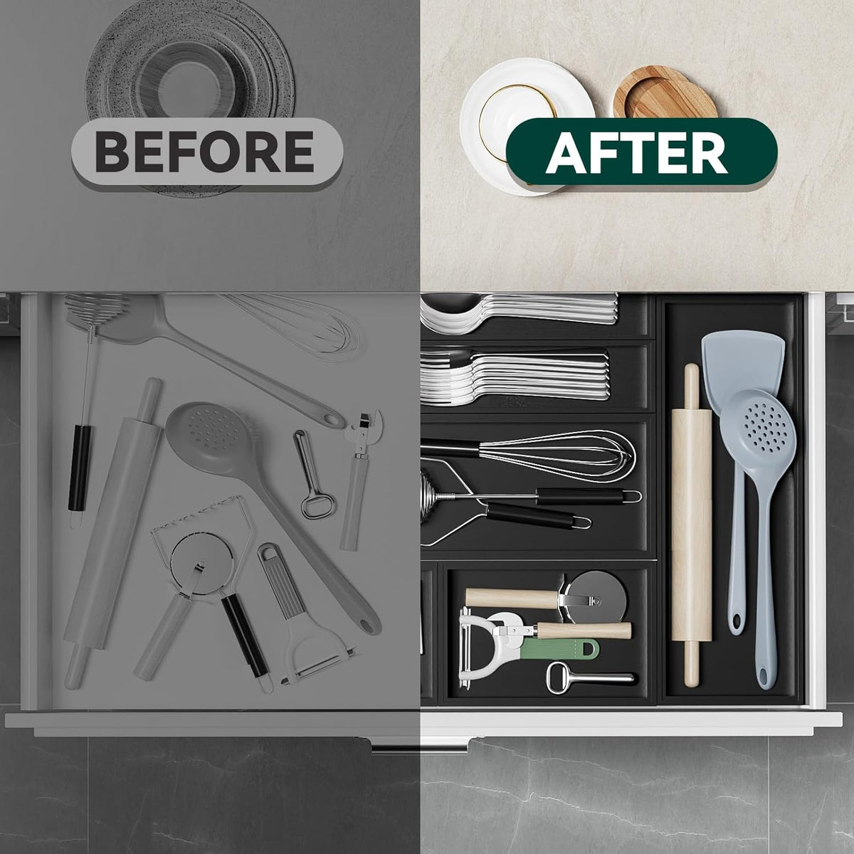 Bamboo Drawer Organizer, Extra Large Silverware Organizer for Kitchen Drawer, Stackable Utensil Organizer, 2 Pcs Toilet Tank Topper Tray, Wooden Toilet Paper Basket (Black, 17 X 6 X 2 Inch)