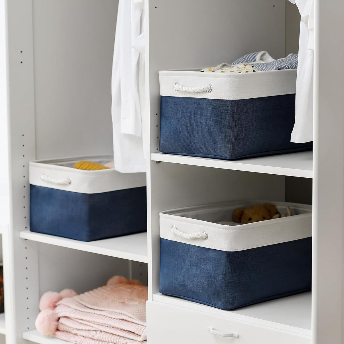 TcaFmac Organization and Storage Basket for Gifts Empty - 16x12x8 inch Large 4 Pack Collapsible Storage Box for Organizing, Fabric Storage Cubes for Cloth Toy Books Shelves(White & Jean Blue)