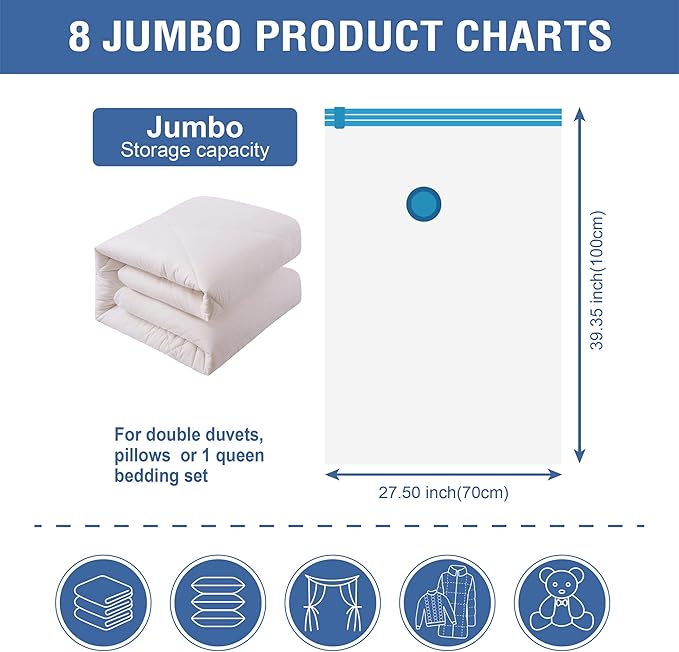 8 Jumbo Vacuum Storage Bags, Space Saver Bags Compression Storage Bags for Comforters and Blankets, Vacuum Sealer Bags for Clothes Storage, Hand Pump Included