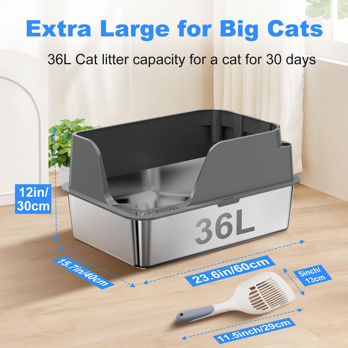 Non-Stick Stainless Steel Litter Box, XL Side Open Splash-Proof&Leak-Proof