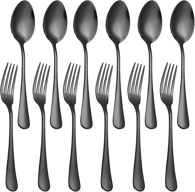 Set of 12, Stainless Steel Dinner Forks and Spoons Silverware Set, Heavy-Duty Forks (8 Inch) and Spoons (6.7 Inch) Cutlery Set, Dishwasher Safe (Black)
