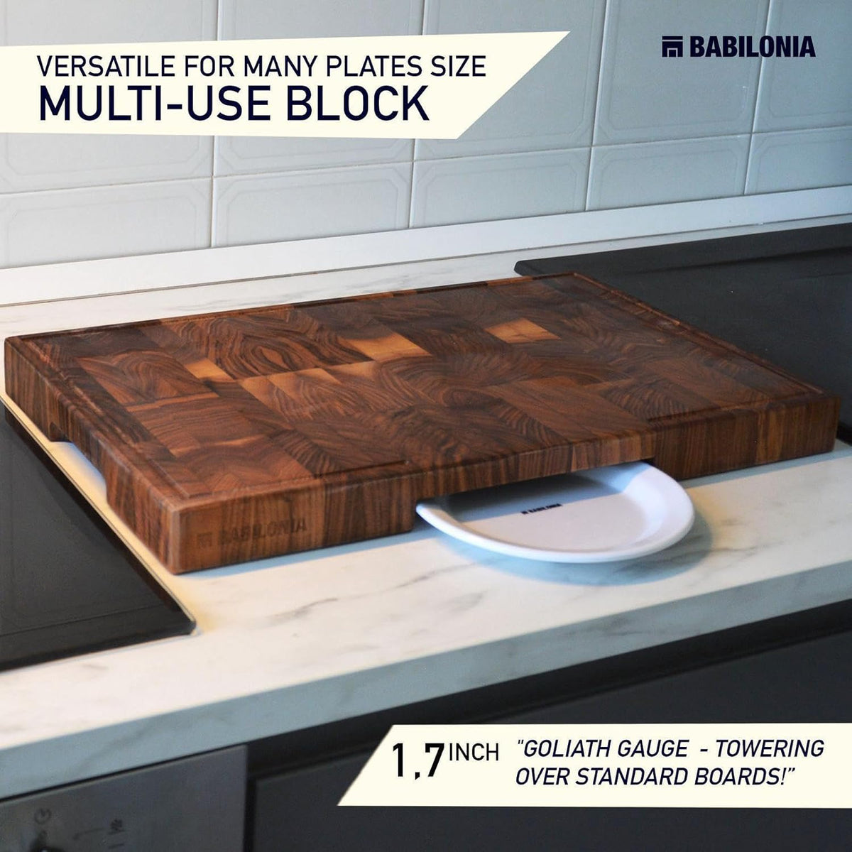 American Black Walnut Cutting Board (ExtraThick 1.7"), Premium Quality & Professional Butcher Block. Heavy Duty End Grain Wood Chopping Board 19.7"L x 12.2"W (Oil bottle & Plate included)