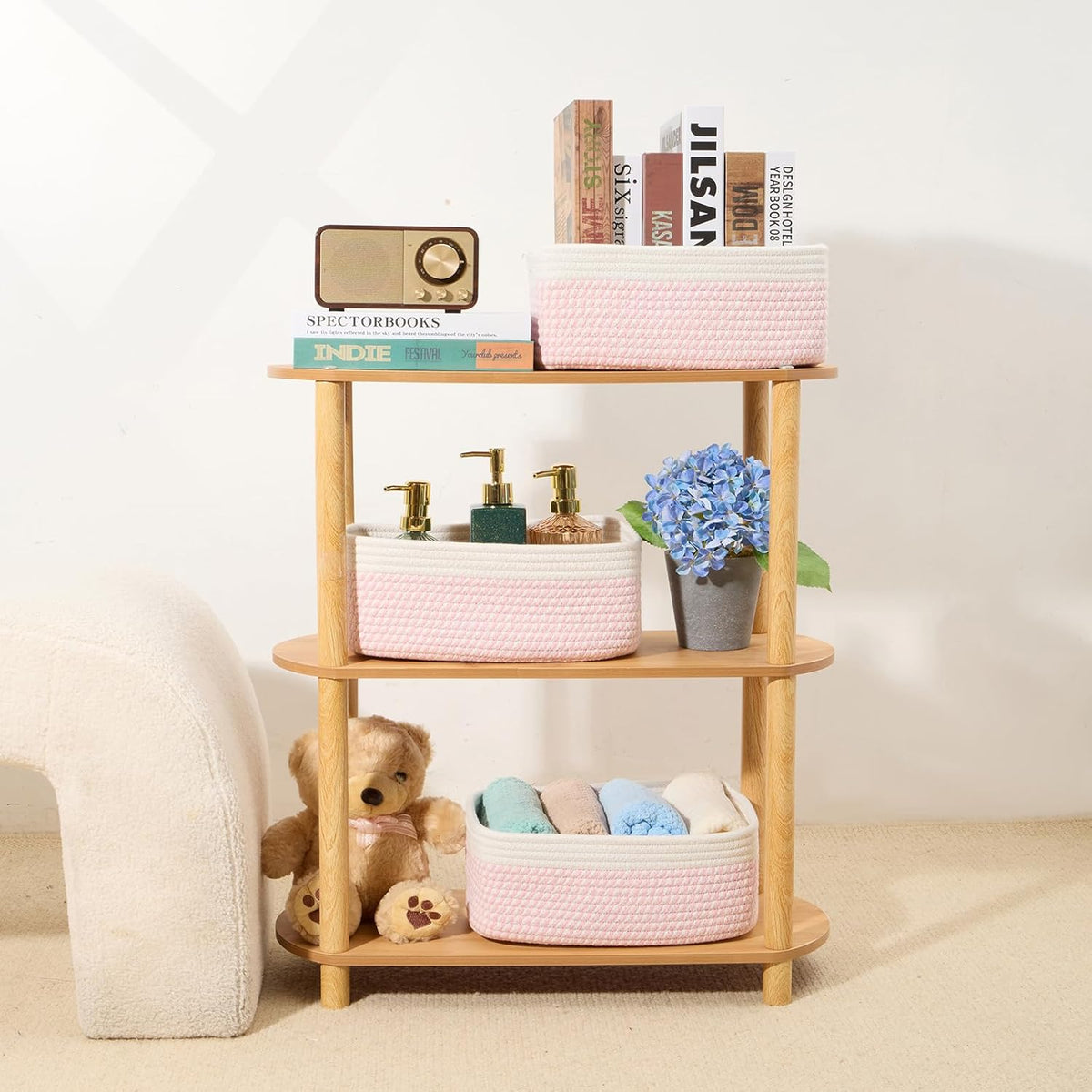 Small Storage Baskets for Organizing | Closet Organizer Bins | Shelf Toy Basket | Woven Rope Baskets | Cube Decorative Box | Shallow Basket | 13x8.5x5.1” | 3 Packs White Pink