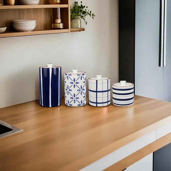 Young's Inc. 4 Pcs Set Cylindrical Ceramic Canisters- Storage Container for Kitchen and Bathroom - Beautiful Home Decor Accent to Store Food, Coffee, Tea, and More - White, Blue