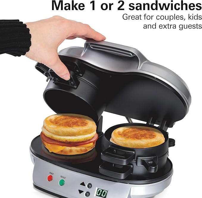 Hamilton Beach Dual Breakfast Sandwich Maker with Timer, Ready in 5 Minutes, Removable Dishwasher Safe PFAS-Free Non-Stick Egg Cooker Ring, Silver (25490MNA)