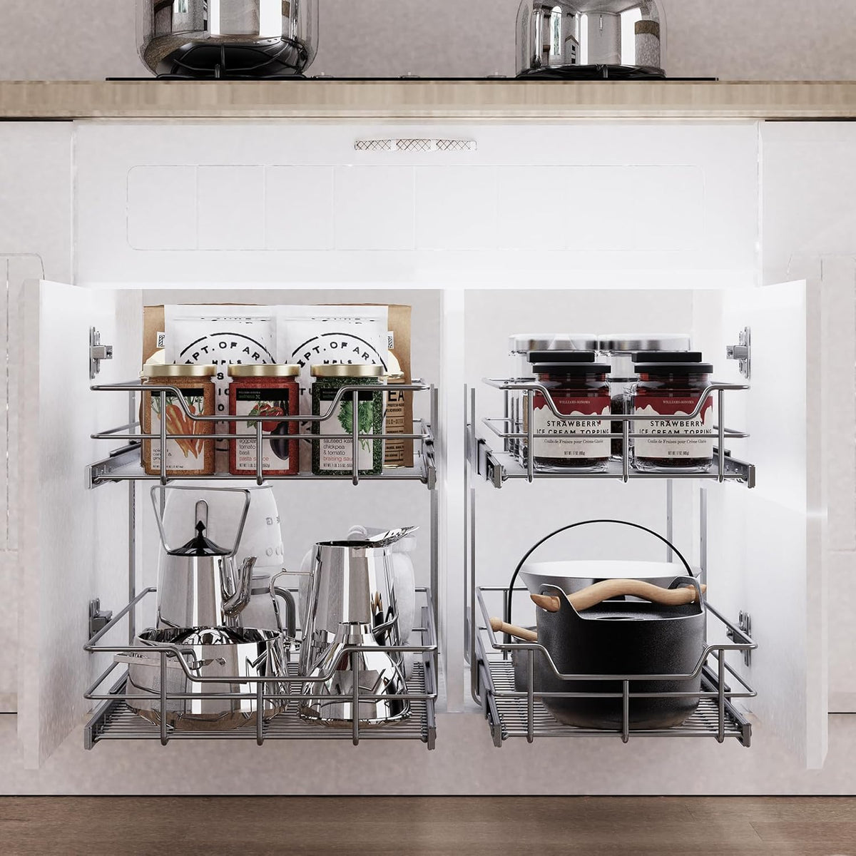 2 Tier Pull Out Cabinet Organizer 20" W X 22" D, Slide Out Drawers For Kitchen Cabinets, Pull Out Drawers For Cabinets Capacity Heavy Duty Caddy, Cabinet Pullout Shelves Chrome-Plated,Bathroom Pantry