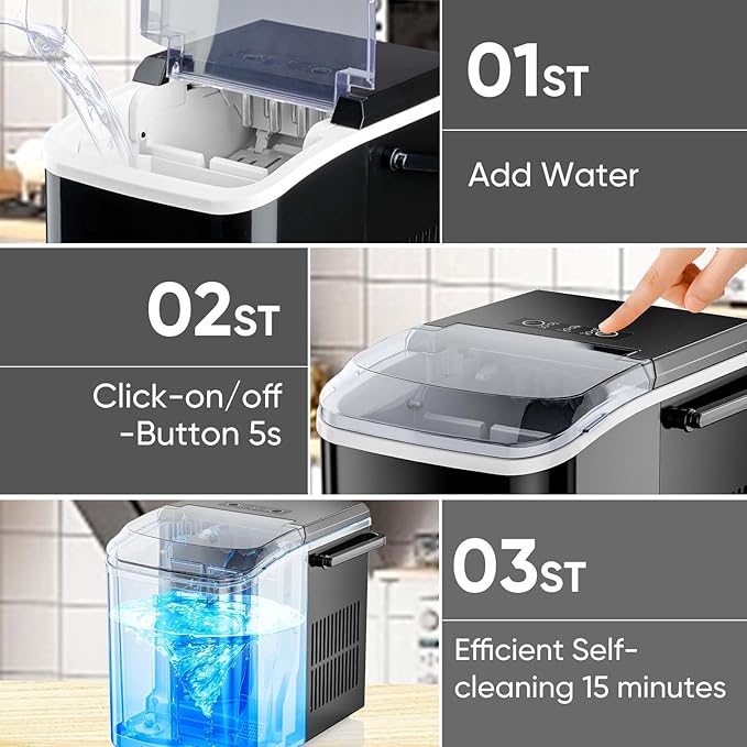 DUMOS Countertop Ice Maker with Handle, 26lbs/24H Portable Ice Machine, 9 Bullet Ice Cubes Ready in 6 Mins, Self-Cleaning, Quiet Compact Ice Maker for Home, Kitchen, RV, Camping, Black