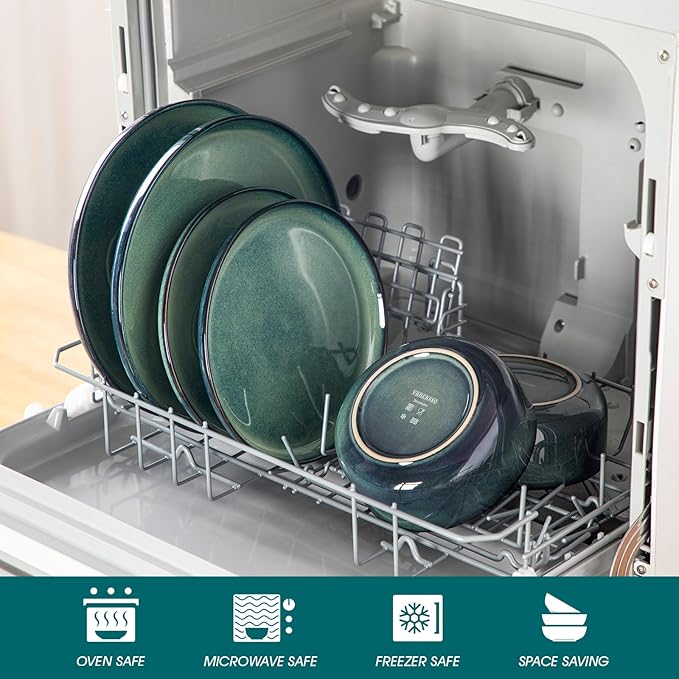 vancasso Starry 18 Pieces Dinnerware Sets for 6, Green Reactive Glaze Dishes Sets, Ceramic Plates and Bowls Set, Dinner Salad Dessert Plates, and Cereal Bowls Set, Dishwasher and Microwave Safe