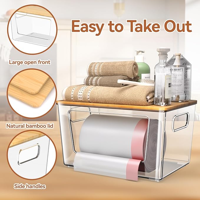 Trash Bag Holder with Bamboo Lid, Stackable Trash Bag Dispenser, Extra Large Storage for Kitchen Laundry Room Under Sink (1Pack)