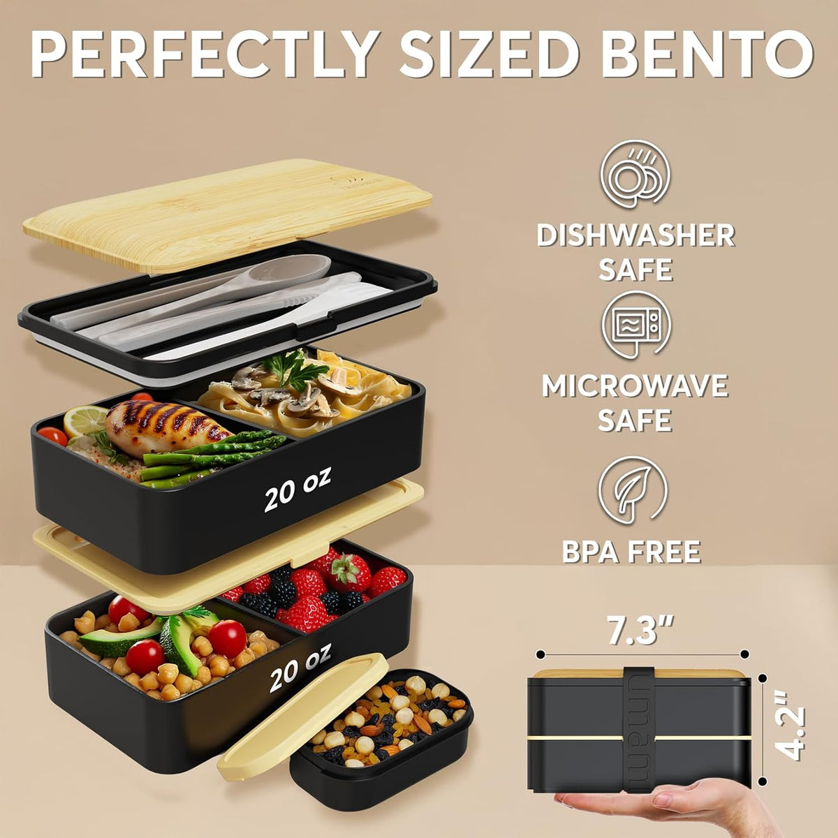 Umami Bento Box Adult All-In-1 w/4 Utensils, Big Sauce Jar, 2 Dividers, 100% Leakproof, Microwave & Dishwasher Safe, Stackable Bento Lunch Box Containers for Men/Women, Black & Bamboo, 40 oz