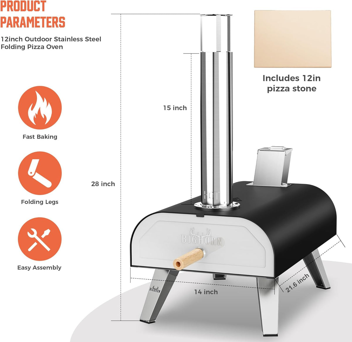 BIG HORN OUTDOORS 12" Black Pizza Ovens Wood Pellet Fired Pizza Maker, Stone-Baked Pizzas Made Easy Use Anywhere, Backyard Camping Party Cooking with your Family or Friend