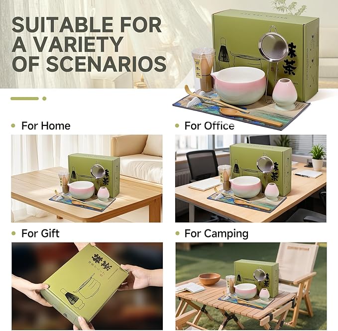 Matcha Whisk Set with Ceramic Bowl - Bamboo Whisk (Chasen), Scoop, Sifter & Holder - Complete Kit for Traditional Matcha Tea - Unique Gifts for Tea Lovers (Sakura Moss Fade)