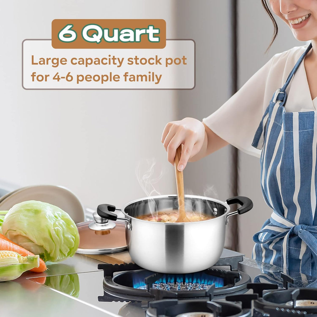 LIANYU 6QT Stock Pot with Lid, Stainless Steel Soup Pasta Pot for Home Kitchen Restaurant, Stockpot for Strew Simmer Boiling, Heat-proof Handle, Dishwasher Safe