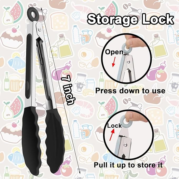 6 PCS Silicone Tongs,Cooking Tongs with Silicone Tips,7 Inch Stainless Steel Silicone Kitchen Tongs,Heat Resistant Non-Stick,for Cooking Grilling Salad,BBQ Tongs with Locking