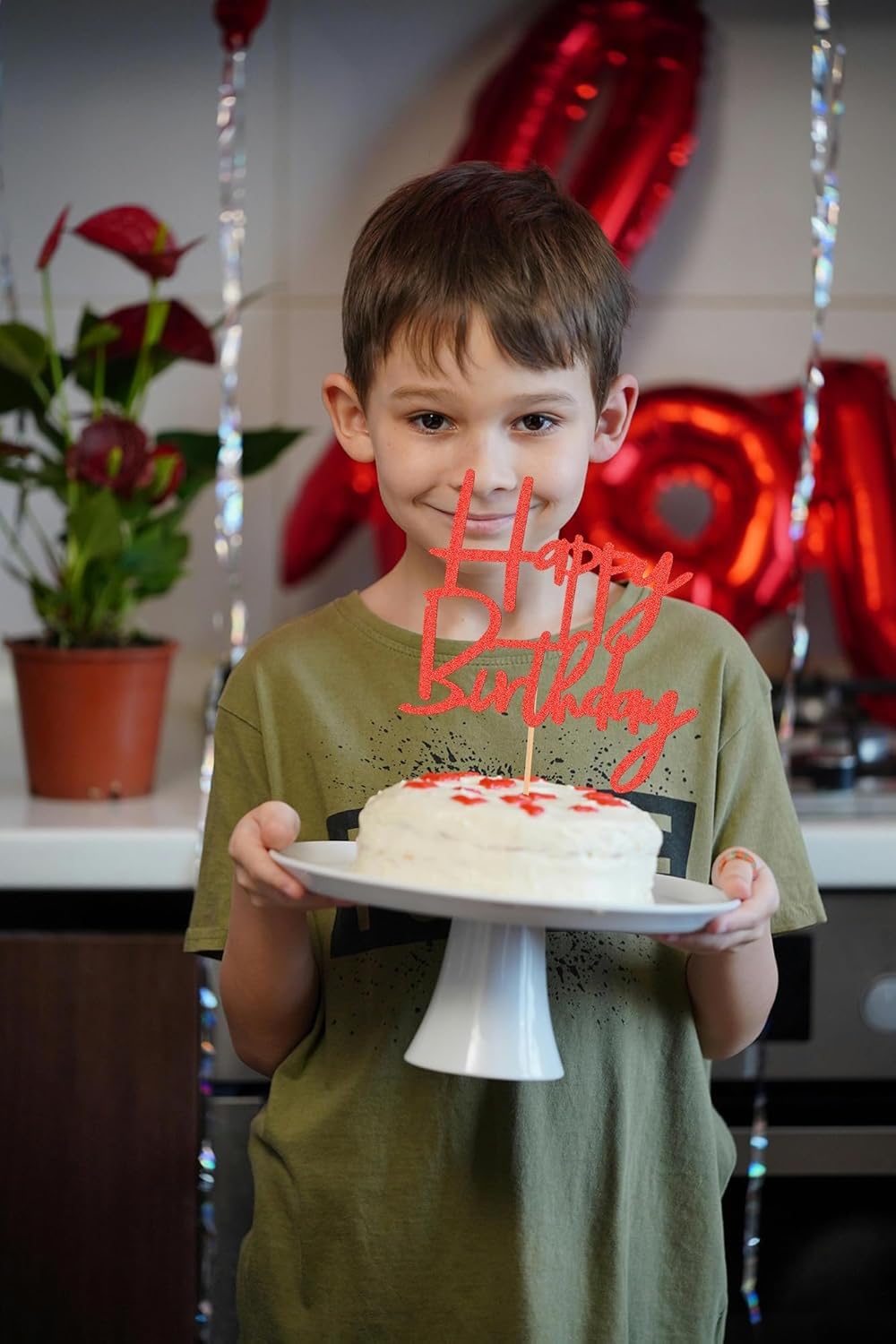 Happy Birthday Cake Topper - Glitter Red Birthday Cake Top Decorations (Red)