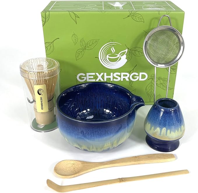 Matcha Whisk Set 6 pc Kit - Traditional Japanese Chasen, Bamboo Whisk Holder, Ceramic Bowl with Spout, Sifter & 2 pc Spoons - matcha kit set, Gift for Matcha Tea Lovers (Gradient Blue)