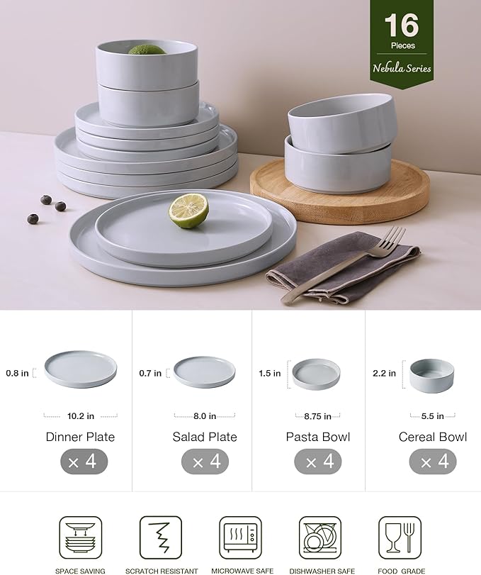 Famiware Nebula Dinnerware Set with Pasta Bowls, Service for 4 (16pcs), Fine Stoneware Plates and Bowls Sets, Microwave and Dishwasher Safe Dishes Set, Light Gray
