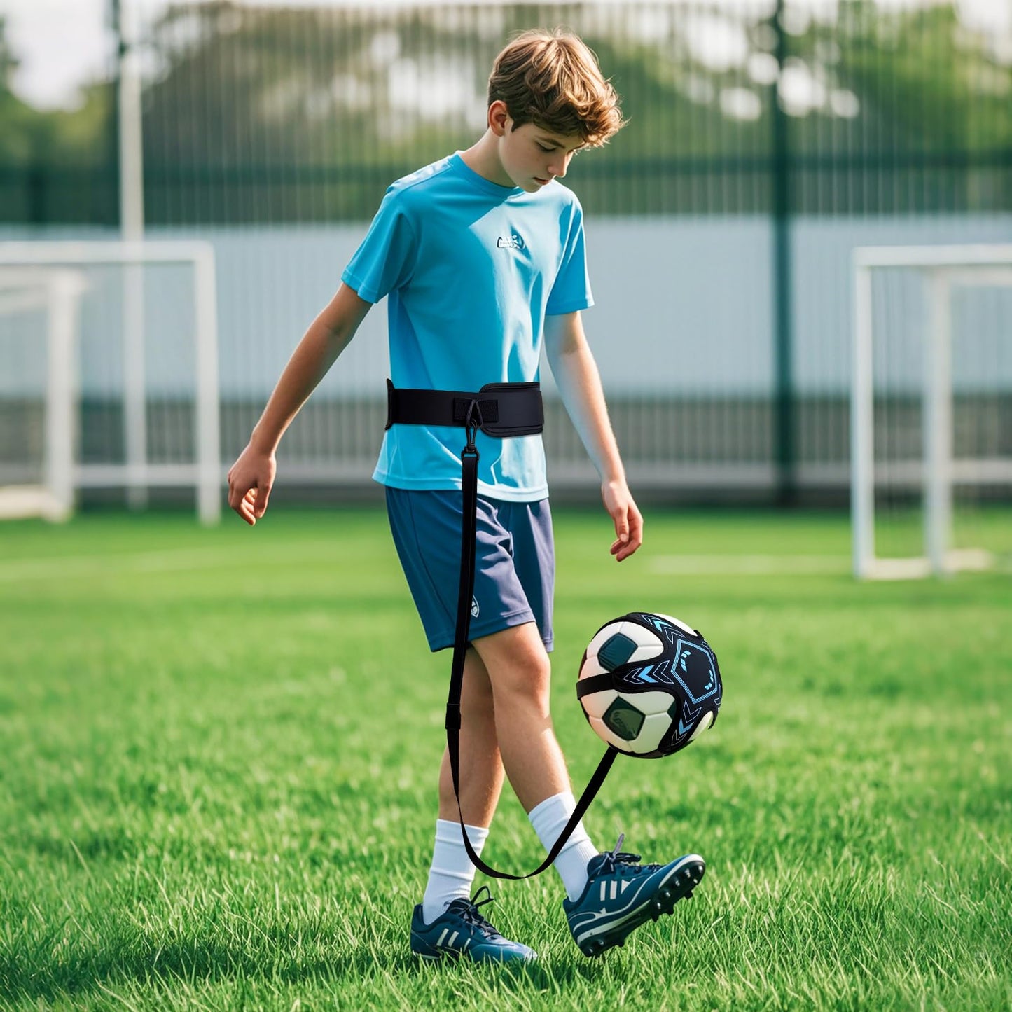 PESAKE Soccer Training Equipment Football Kick Solo Trainer Adjustable Waist Belt Elastic Rope, Aids Hands Free Throw Sole Practice Fits Ball 3, 4, 5 and Volleyball Rugby (Blue)