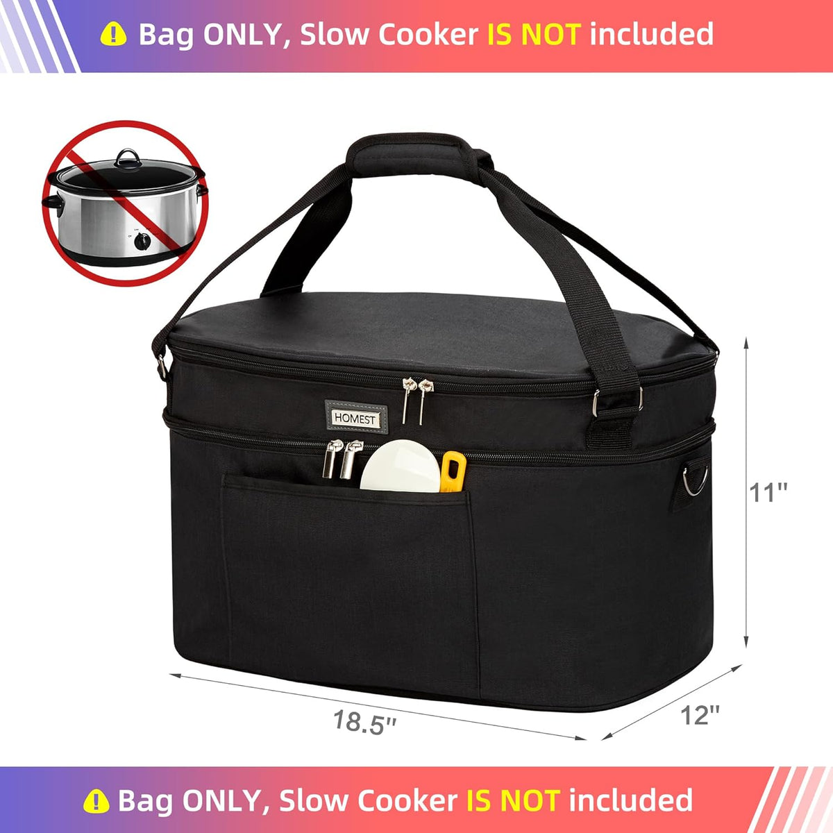 HOMEST Slow Cooker Bag for Crock-Pot 6-8 Quart, Insulated Travel Carrier with Easy to Clean Lining, Carry Case with Top Zip Compartment and Utensil Pocket