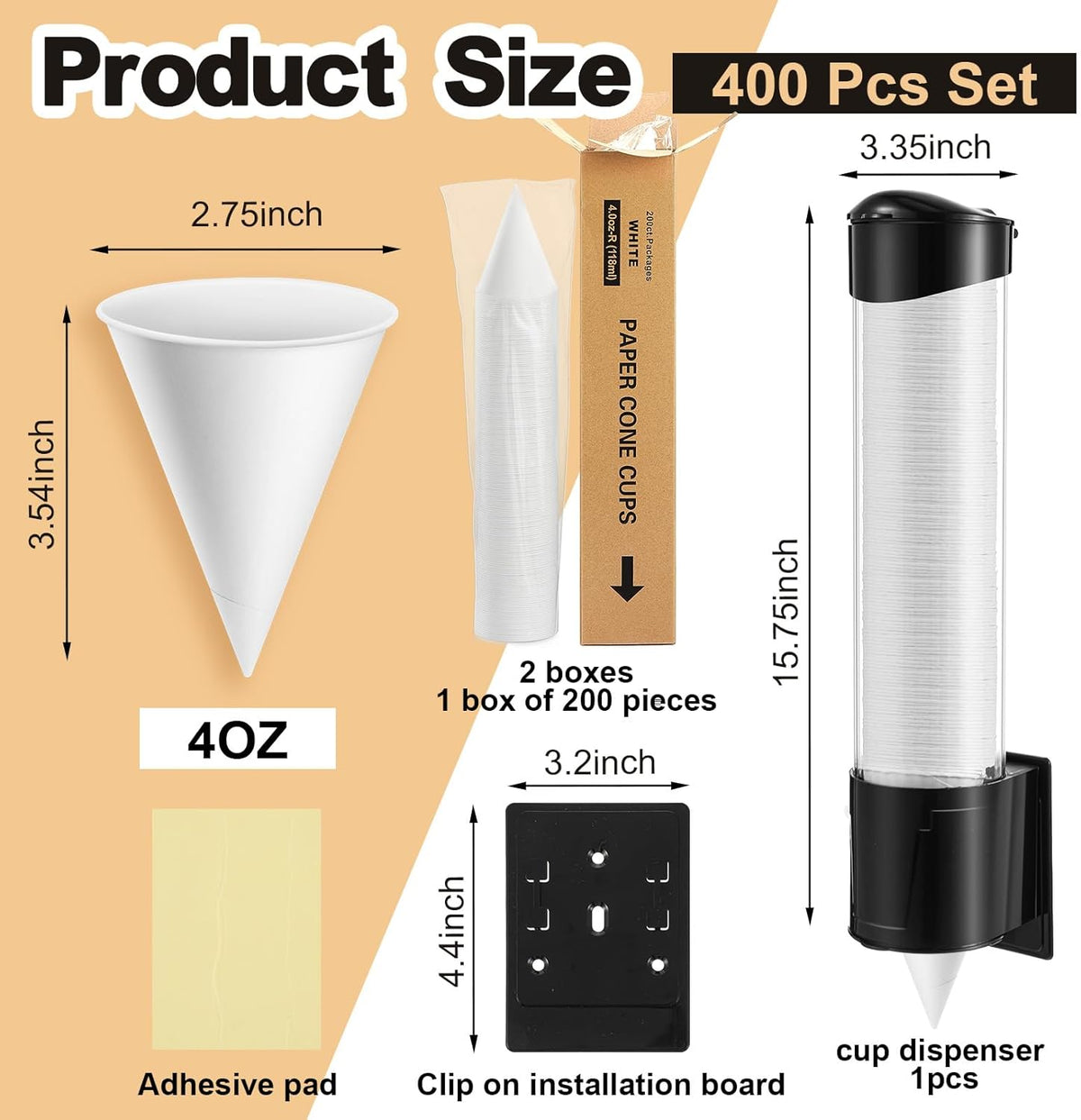 Roshtia 400 Pcs 4 oz Paper Cone Cups Thicken Disposable with 1 Cups Dispenser Pull Type Wall Mount Cup Holder Paper for Restaurants, Home, and Office, and Shaved Ice, Cold (Black)