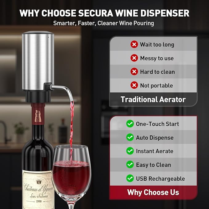 Secura Rechargeable Electric Wine Opener Set, 4-in-1 Wine Set with Electric Corkscrew Wine Opener, Electric Wine Aerator & Dispenser, Foil Cutter, Vacuum Wine Stopper for Wine Lovers, Silver