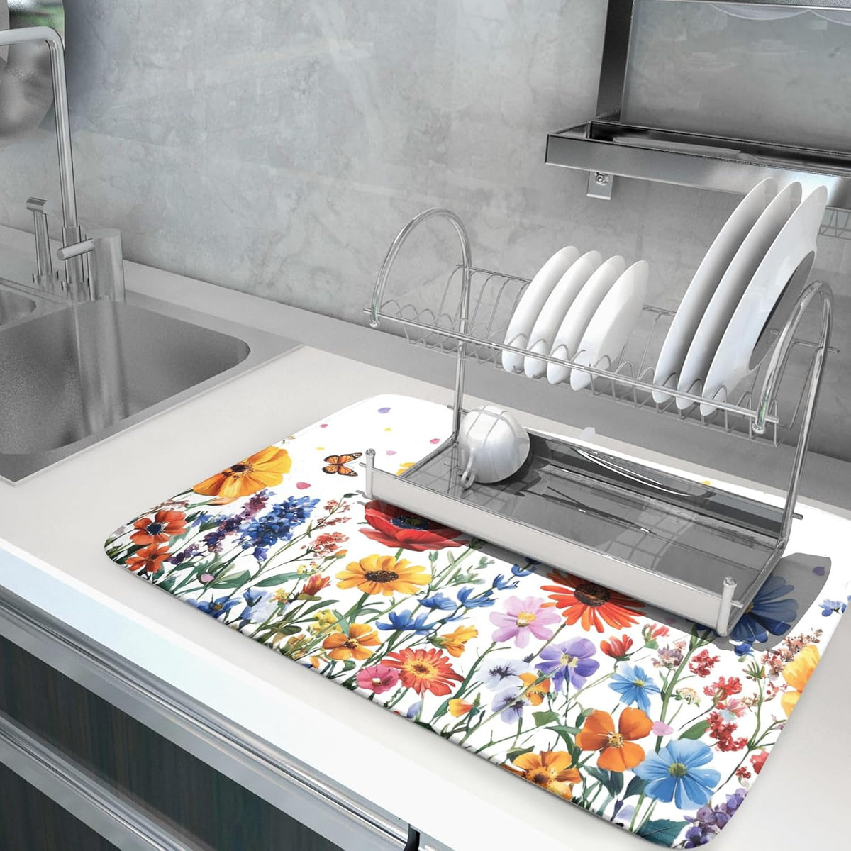 Watercolor Flower Dish Drying Mat 18x24 Inch Floral Butterfly Dish Drainer Protector Pad Washable Reversible Kitchen Counter Dish Dry Pad