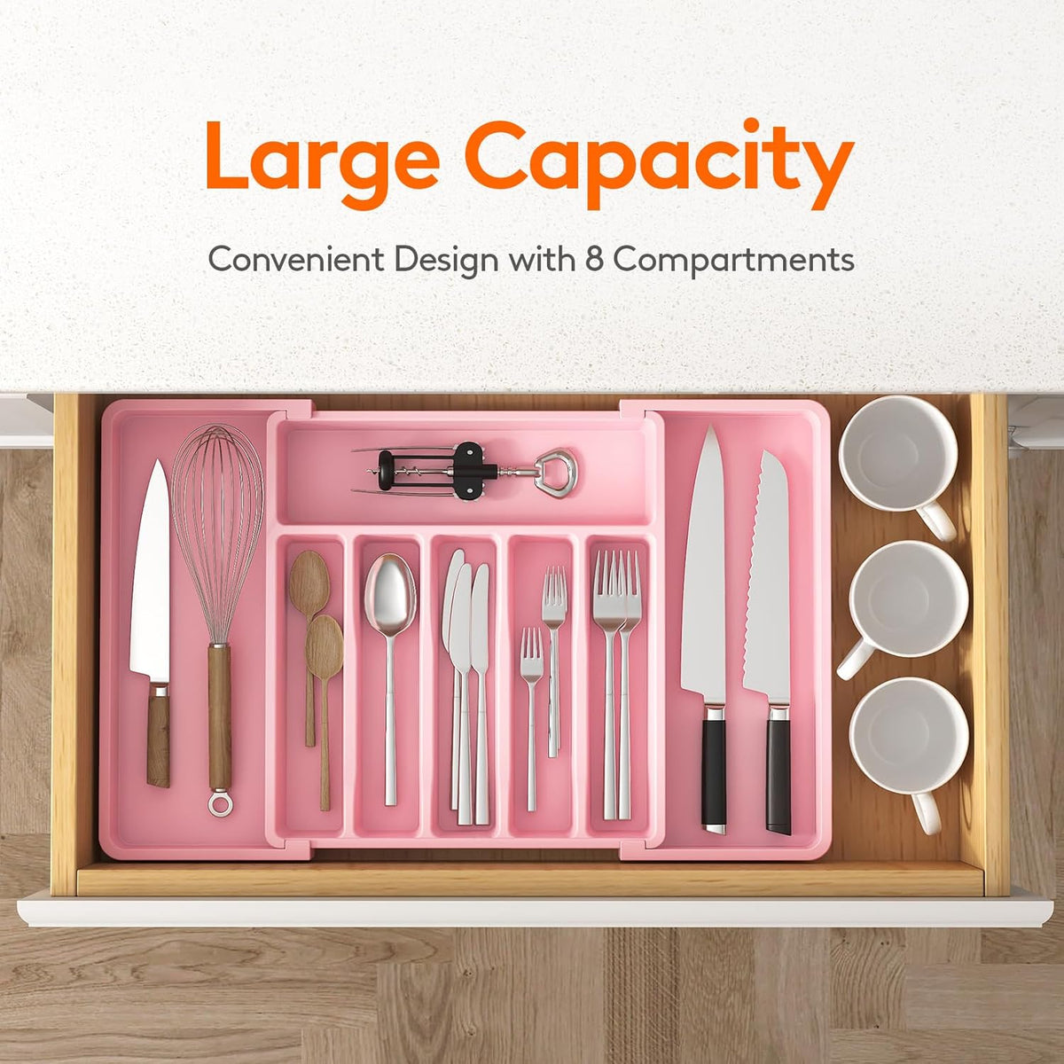 Lifewit Silverware Drawer Organizer, Expandable Utensil Tray for Kitchen, BPA Free Flatware and Cutlery Holder, Adjustable Plastic Storage for Spoons Forks Knives, Large, Pink